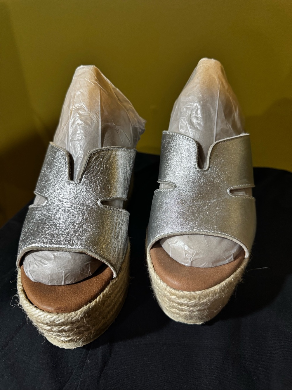 Womens Metallic Silver Espadrille Wedge Sandals